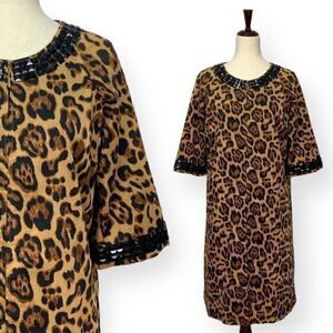 Newport News Jewel Embellished Leopard Print Long Coat Dress Jacket Size 4P